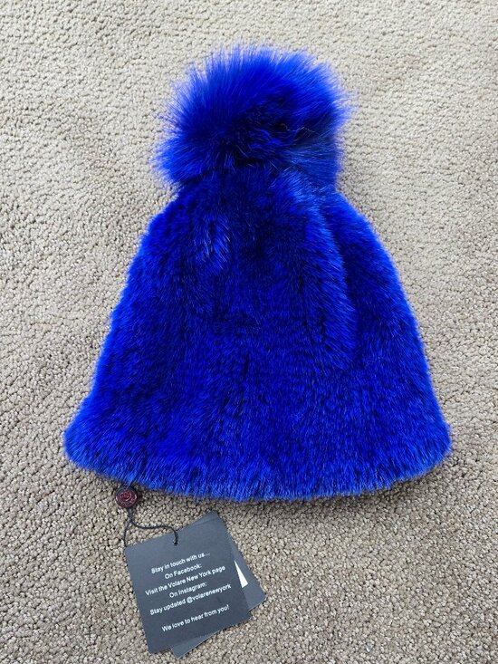 SALE Royal Blue Knitted Mink Fur Hat with Pom - Picture 2 of 2